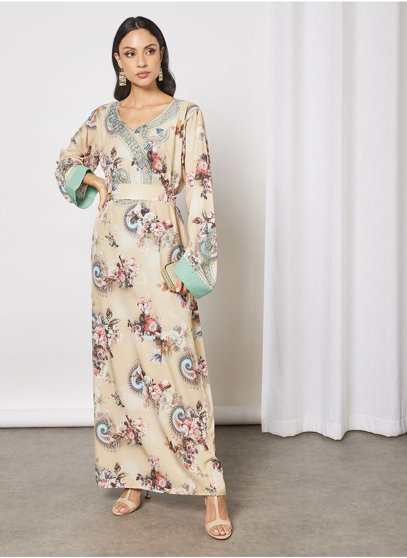 Hayat - Floral Jalabiya With Small Circle Embroidery In Front And Wrist With Belt - Image 1