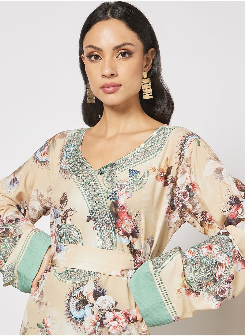 Hayat - Floral Jalabiya With Small Circle Embroidery In Front And Wrist With Belt - Image 1