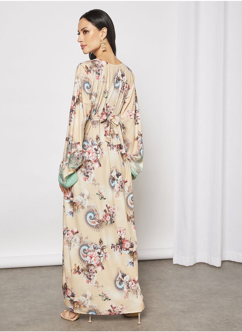 Hayat - Floral Jalabiya With Small Circle Embroidery In Front And Wrist With Belt - Image 1