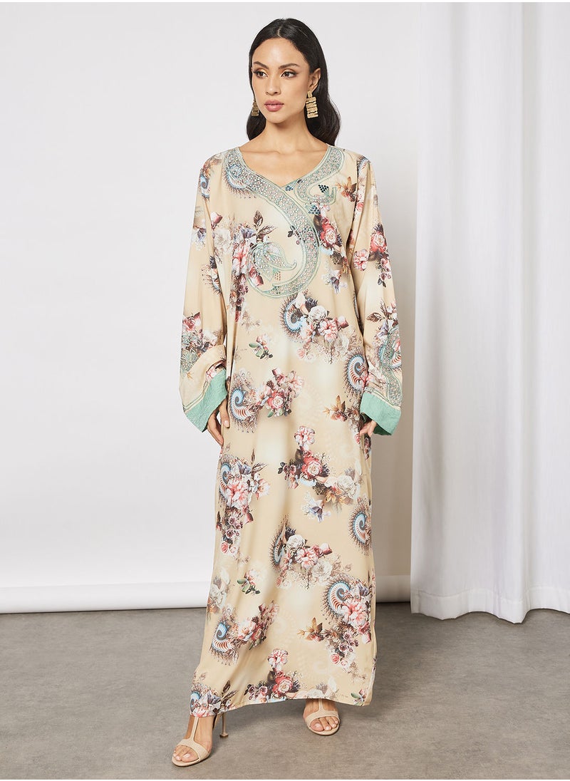 Hayat - Floral Jalabiya With Small Circle Embroidery In Front And Wrist With Belt - Image 1