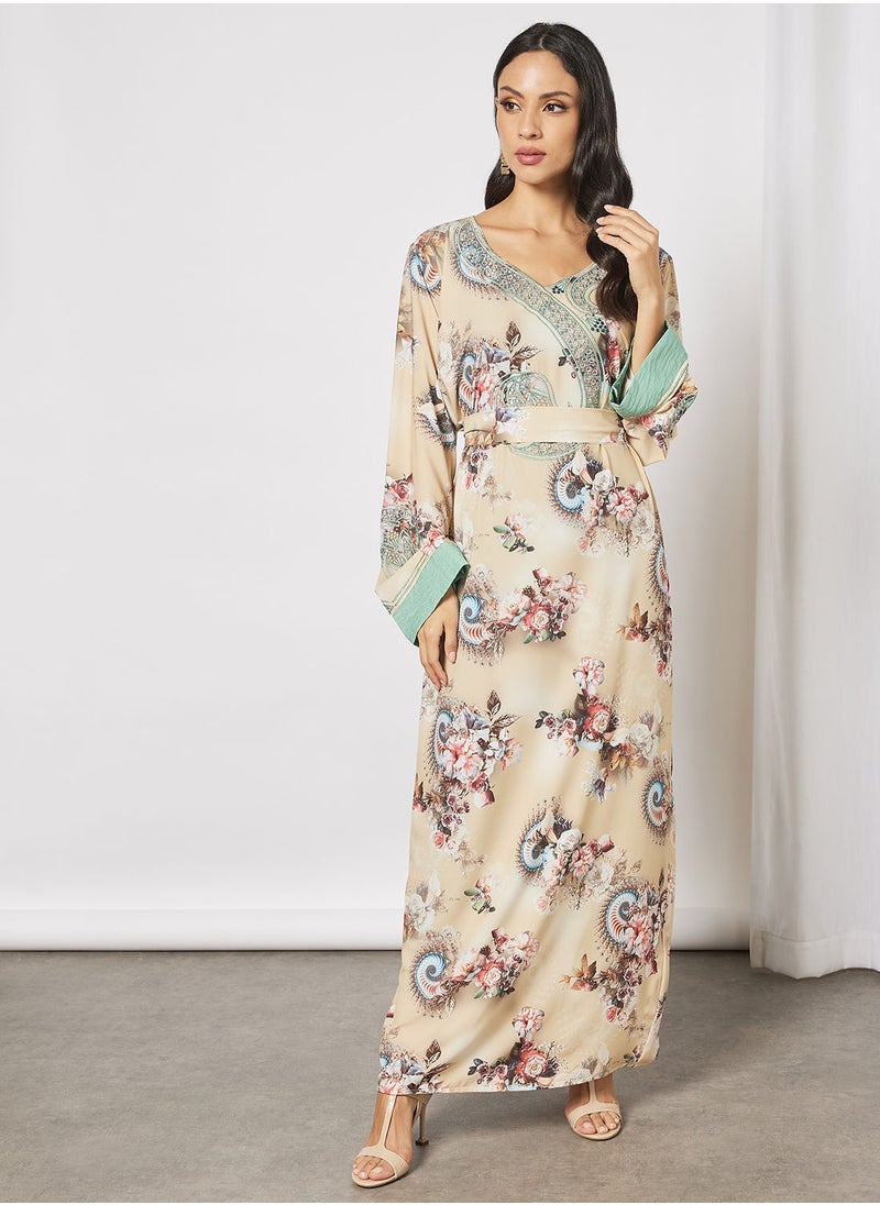Hayat - Floral Jalabiya With Small Circle Embroidery In Front And Wrist With Belt - Image 1