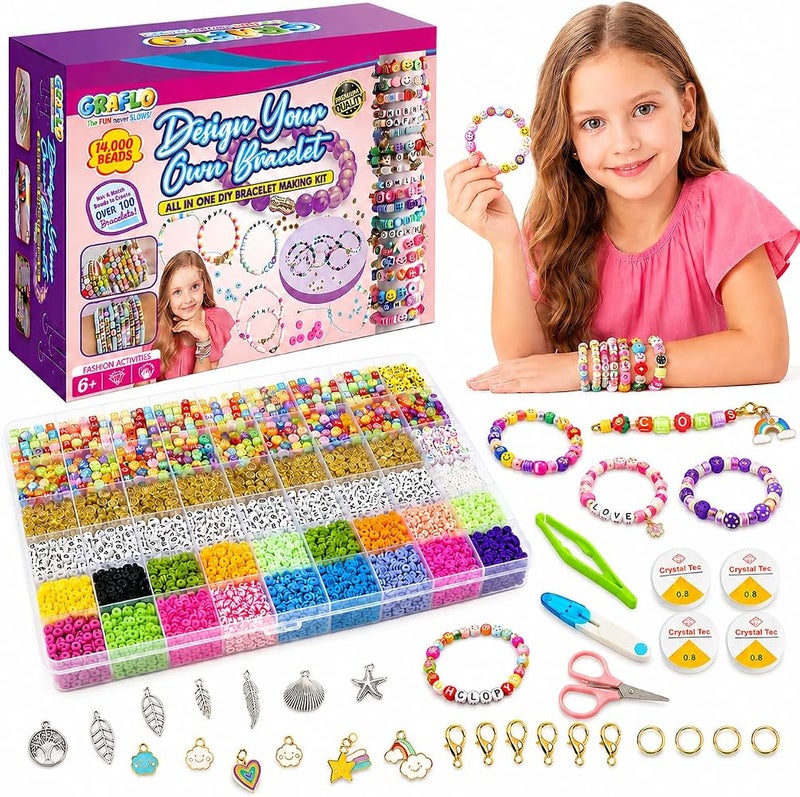 GRAFLO Bracelet Making Kit with 14,000 Pcs for Jewelry making, DIY Bead Set, Polymer Clay beads for Teens Girls Crafts for Girls, DIY Arts and Crafts Gifts Toys for Girls Ages 6-12 - Image 1