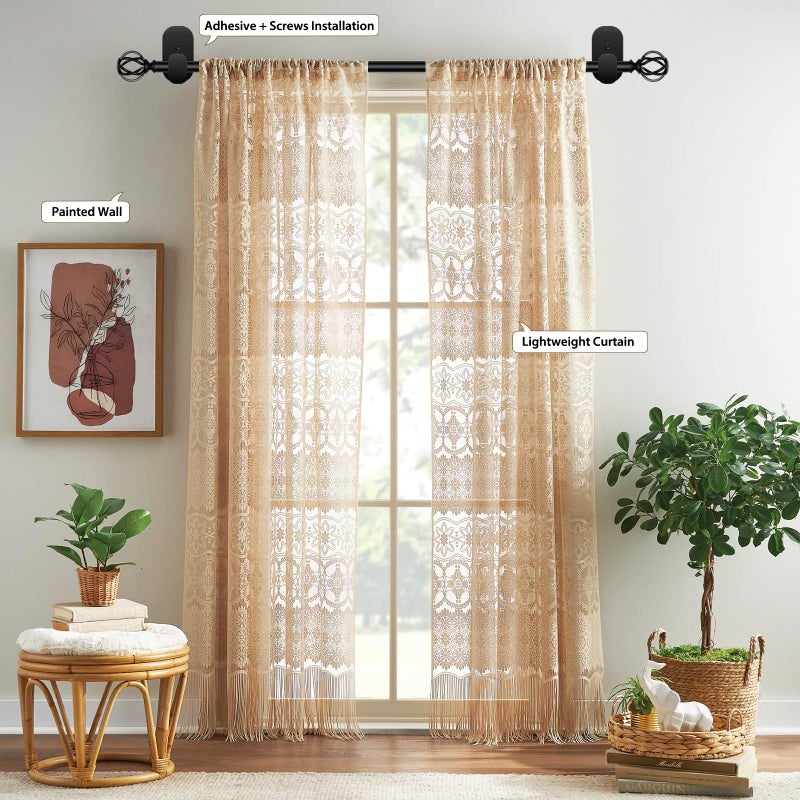 XAROO Curtain Rods No Drilling 48 to 84 Inch, 5/8 Inch Diameter No Drill Drapery Rod Set with Adhesive Brackets and Twiested Cage Finals, Bedroom Apartment Renter Friendly, Black - Image 3