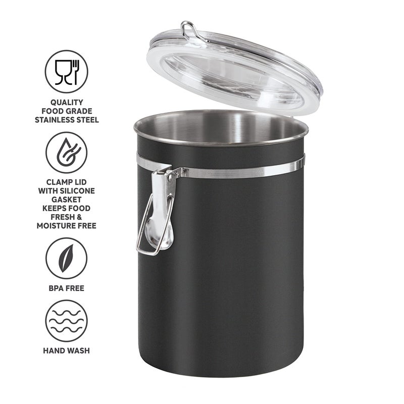 Oggi Stainless Steel Kitchen Canister 47 fl oz  Black - Airtight Clamp Lid  Clear See-Thru Top - Ideal for Kitchen Storage  Food Storage  Pantry Storage. Large Size 5"" x 6"". - Image 3
