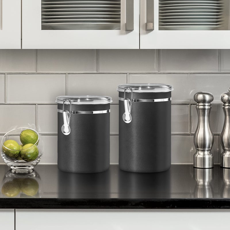 Oggi Stainless Steel Kitchen Canister 47 fl oz  Black - Airtight Clamp Lid  Clear See-Thru Top - Ideal for Kitchen Storage  Food Storage  Pantry Storage. Large Size 5"" x 6"". - Image 2