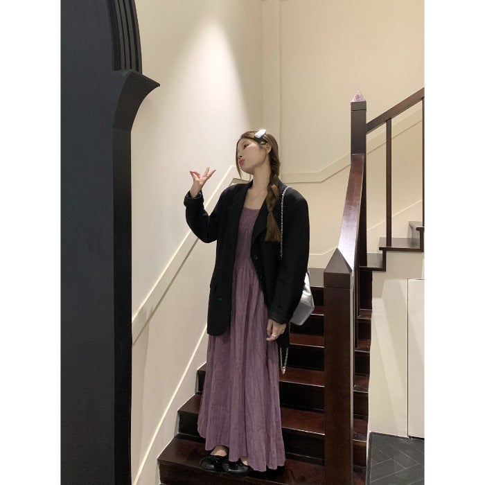 French Style RomAntic Purple Suspender Dress for Women Summer 2024 WAist Slimming Look A-line Long Skirt Thin suit jacket