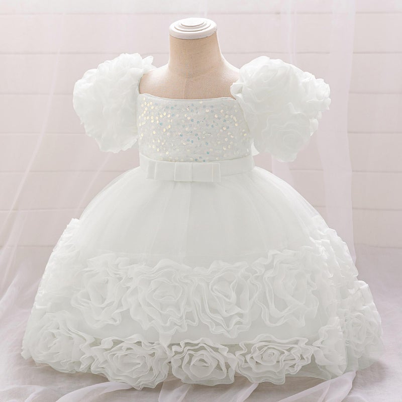 Cross-border New Girls Dress Decal Princess Dress One-year-old Dress Flower Girl Dress Bubble Sleeve Rose dress L2283XZ-White
