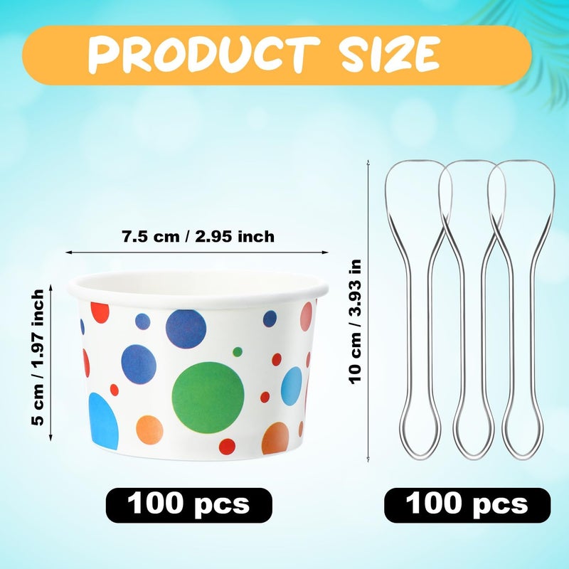 BOAO 5.5 Oz Paper Ice Cream Cups with Spoons Disposable Sundae Dessert Bowls Summer Party Supplies(Dot Style, 100 Pcs) - Image 3