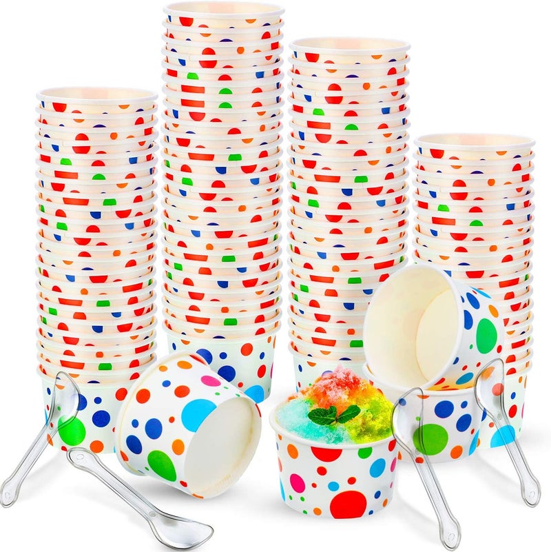 BOAO 5.5 Oz Paper Ice Cream Cups with Spoons Disposable Sundae Dessert Bowls Summer Party Supplies(Dot Style, 100 Pcs) - Image 1
