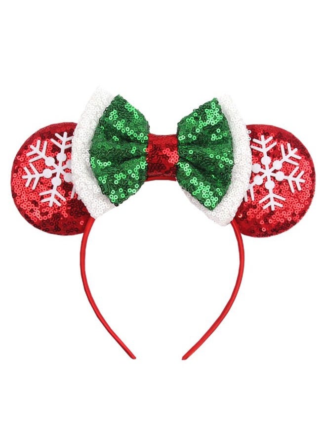 LSHDXD Christmas Mouse Ears Bow Headband Hair Hoop, Glitter Snowflake Hair bands for Christmas Party Supplies Hot Pink Princess Dress Up - Image 1