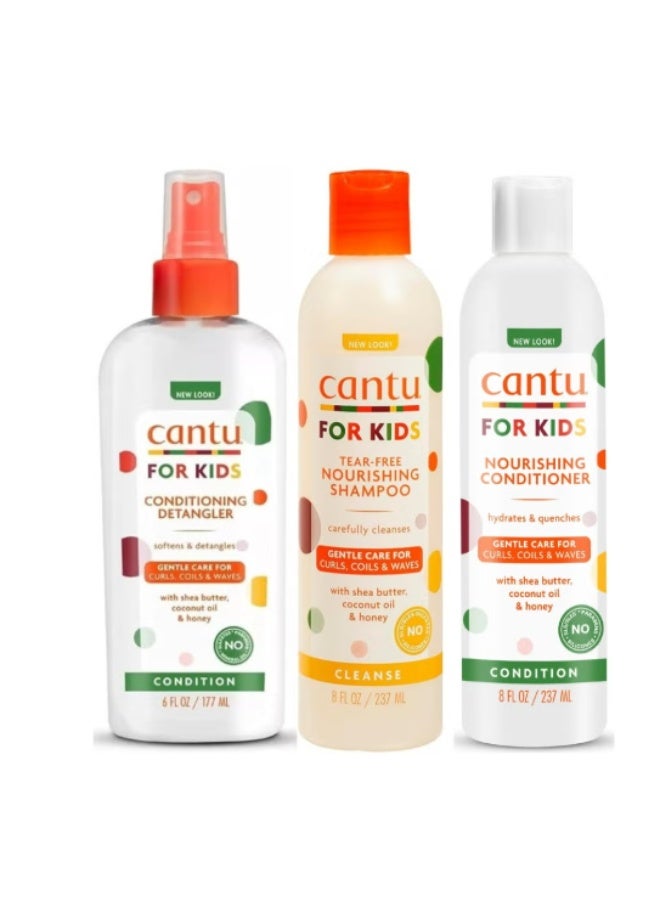 Cantu for Kids Hair Care Set – Tear-Free Shampoo, Sulfate-Free Conditioner & Conditioning Detangler for Curly Hair (3-Piece Set)