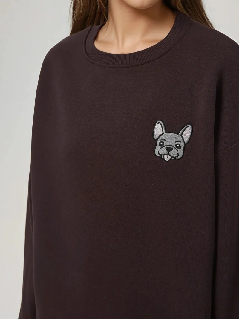 HICCUP Comfort Animal Pattern Embroidered Raised Crew Neck Sweatshirt