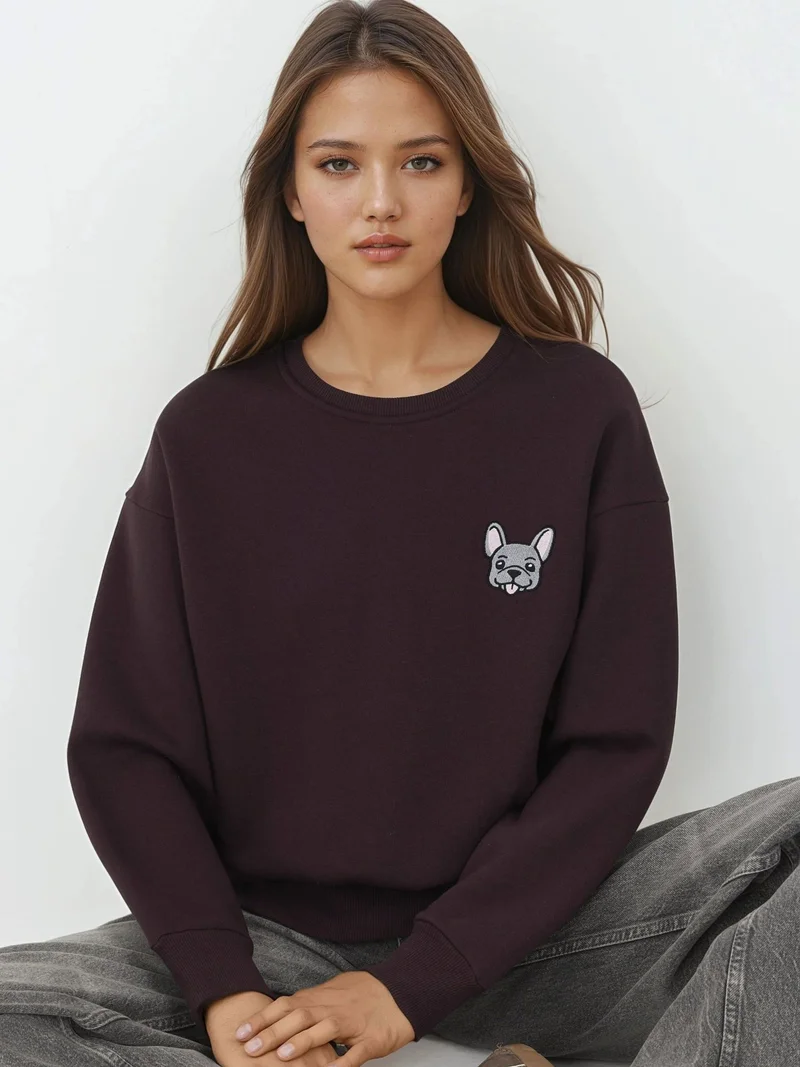 HICCUP Comfort Animal Pattern Embroidered Raised Crew Neck Sweatshirt