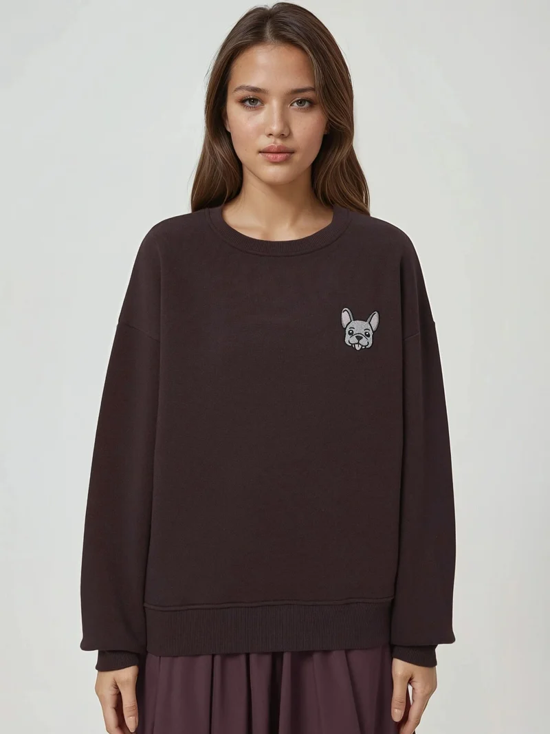 HICCUP Comfort Animal Pattern Embroidered Raised Crew Neck Sweatshirt
