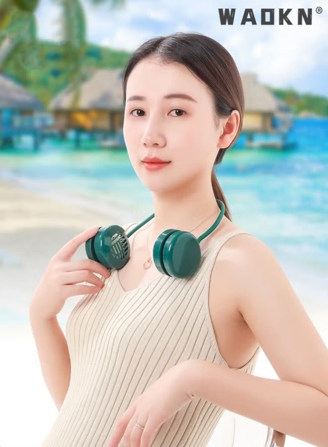 دبليو أيه أو كي أن مروحة للرقبة، مروحة قابلة للارتداء بزاوية 360 درجة، جهاز تبريد شخصي، مروحة تبريد للرقبة مع مروحة محمولة قابلة للتعديل بثلاث سرعات، مروحة شحن USB بدون استخدام اليدين، مروحة رياضية للرقبة (أخضر) - Image 2