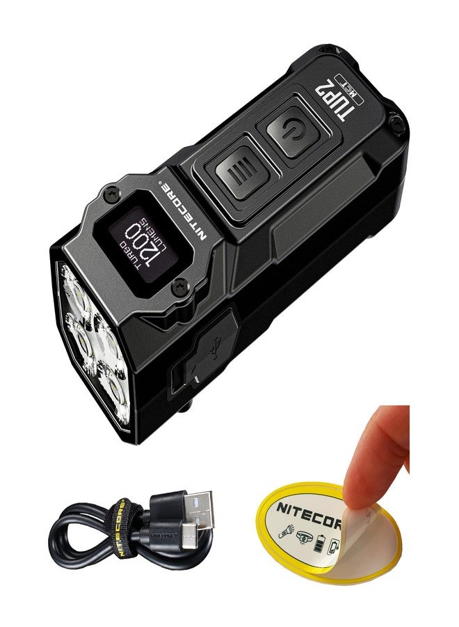 نايت كور مصباح يدوي قابل لإعادة الشحن من نايت كور TUP2 (Tup 2) بقوة 1200 لومن، يُعلق على سلسلة المفاتيح - متعدد درجات حرارة اللون (دافئ/محايد/بارد)، مصباح EDC، شحن سريع USB-C، شاشة رقمية، خفيف الوزن، ملصق (أسود). - Image 1