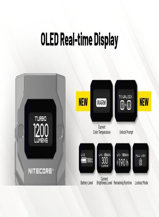 نايت كور مصباح يدوي قابل لإعادة الشحن من نايت كور TUP2 (Tup 2) بقوة 1200 لومن، يُعلق على سلسلة المفاتيح - متعدد درجات حرارة اللون (دافئ/محايد/بارد)، مصباح EDC، شحن سريع USB-C، شاشة رقمية، خفيف الوزن، ملصق (أسود). - Image 5
