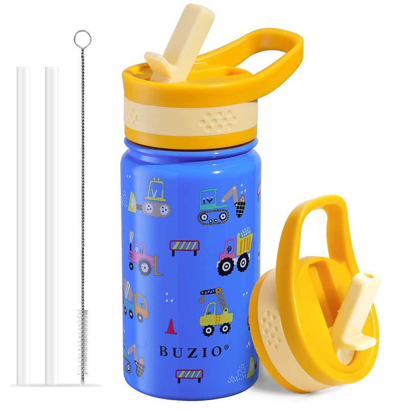 BUZIO 14 oz Kids Water Bottle with Straw Lid Vacuum Insulated Stainless Steel Metal Thermo Bottles for Toddlers Girls Boys Leak Proof BPAFree LeadFree Flask for School Blue Construction Car