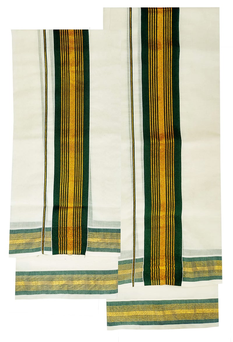 YETTALAN® Women's Kerala Traditional Cotton Set Mundu Cream Color with Fancy Border (BOTTLE GREEN) - Image 4