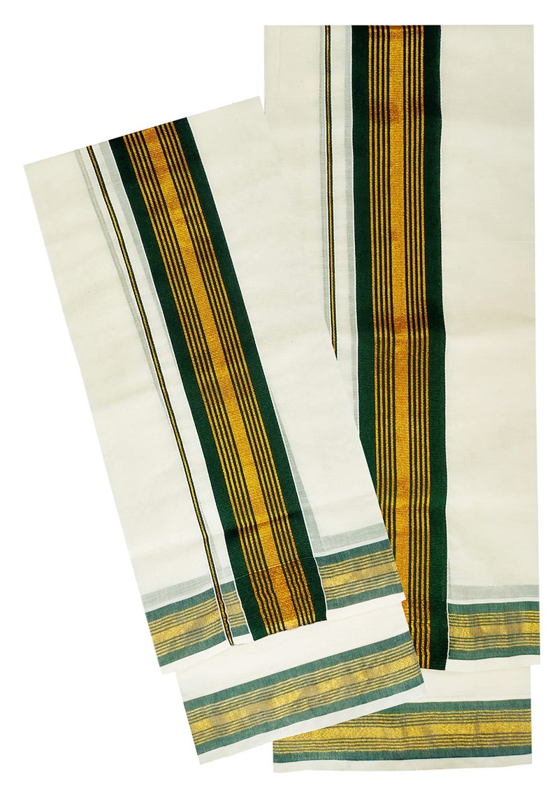 YETTALAN® Women's Kerala Traditional Cotton Set Mundu Cream Color with Fancy Border (BOTTLE GREEN) - Image 2