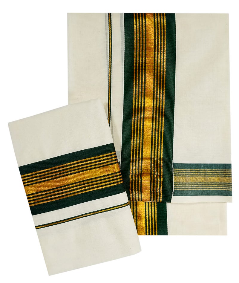 YETTALAN® Women's Kerala Traditional Cotton Set Mundu Cream Color with Fancy Border (BOTTLE GREEN) - Image 1