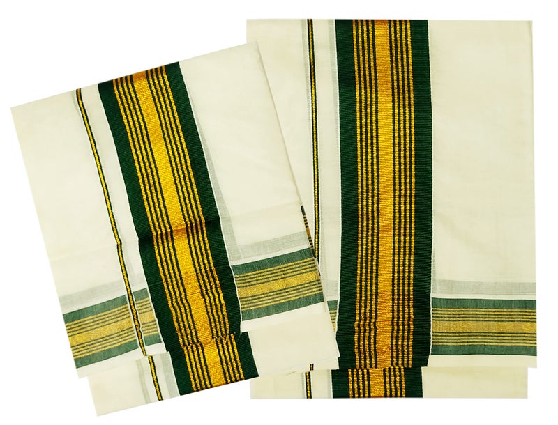 YETTALAN® Women's Kerala Traditional Cotton Set Mundu Cream Color with Fancy Border (BOTTLE GREEN) - Image 5
