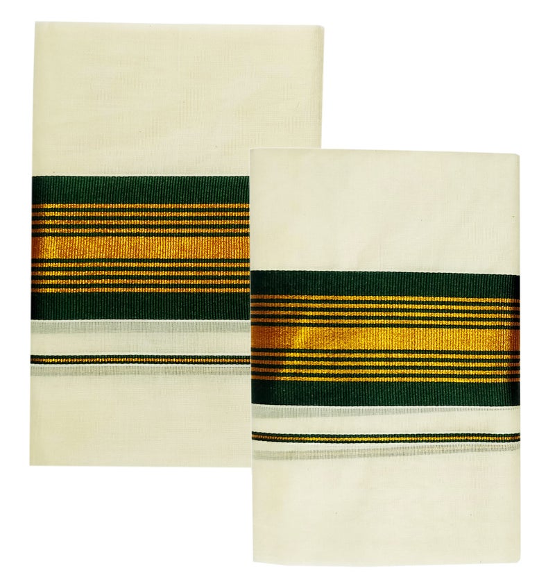 YETTALAN® Women's Kerala Traditional Cotton Set Mundu Cream Color with Fancy Border (BOTTLE GREEN) - Image 3