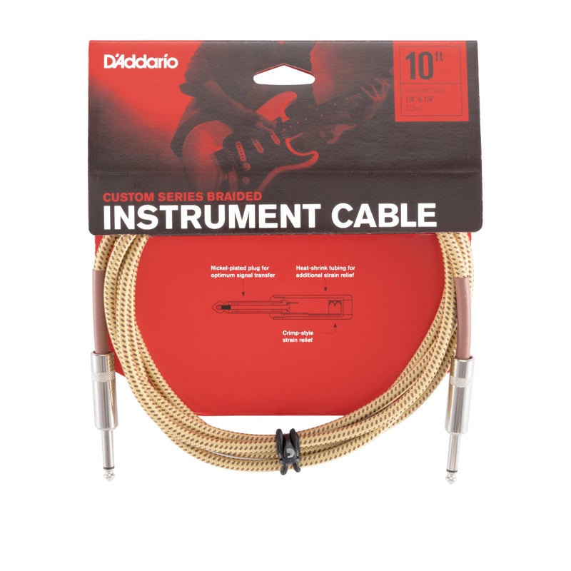 D'Addario Guitar Cable - Guitar Lead - Instrument Cable - Guitar Accessories - Custom Series Braided Cable - 10 Feet/3.05 Meters - Tweed - 1 Pack - Image 1