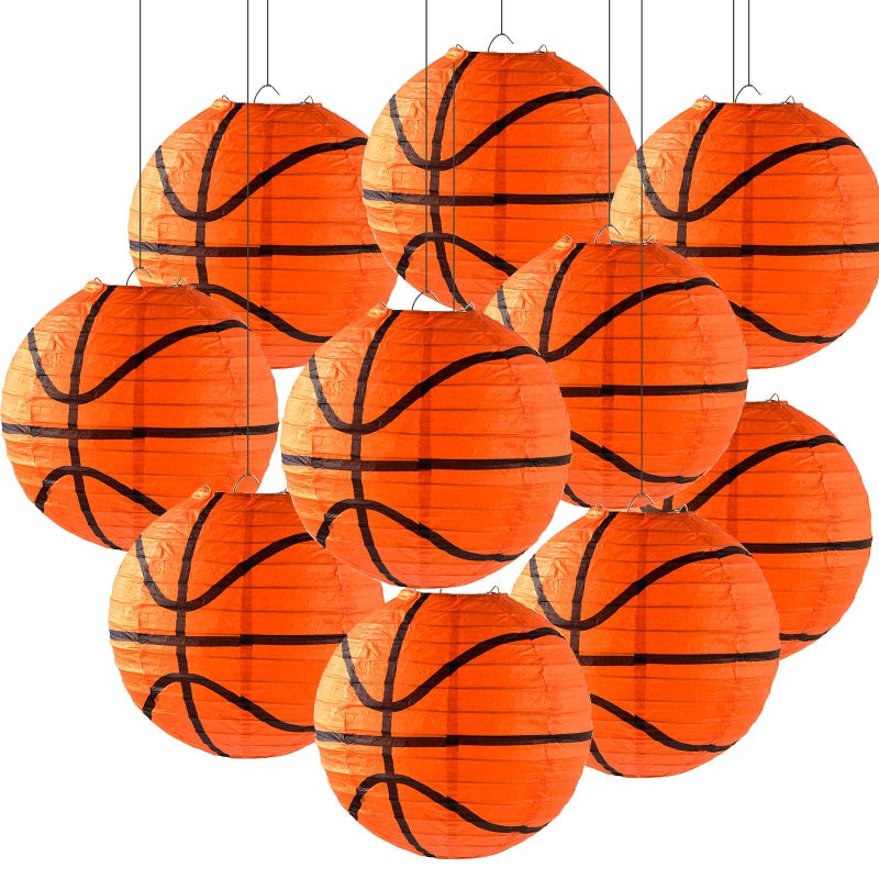 Mototo 10 Pieces Orange Basketball Paper Lanterns Decorations 8 inches Ceiling Hanging Basketball Lanterns Basketball Sports Party Paper Lanterns for Sport Themed Birthday Party Bar Basketball Game Party - Image 1