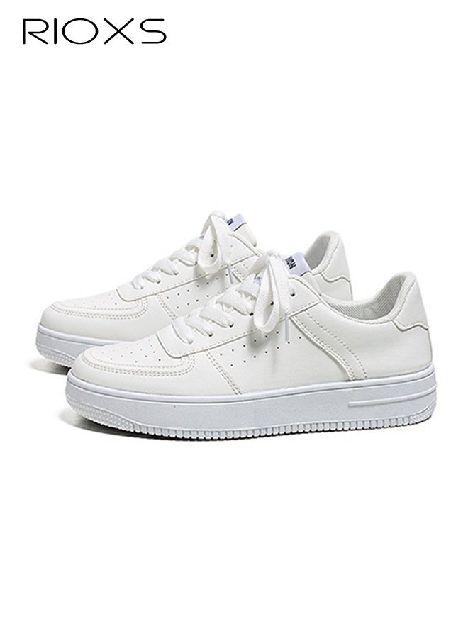 RIOXS Men's Solid Low Ankle Sneakers, White Casual Leather Sneakers with Classic Lace-Up Closure for Men, Comfort Breathable Mens Athlesiure Shoe Tennis Shoes, Anti-slip Lightweight Walking Shoes for Male Work/ Darily Wear, Versatile Sneakers for Trip Gathering Dating Working - Image 2