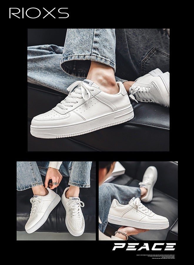 RIOXS Men's Solid Low Ankle Sneakers, White Casual Leather Sneakers with Classic Lace-Up Closure for Men, Comfort Breathable Mens Athlesiure Shoe Tennis Shoes, Anti-slip Lightweight Walking Shoes for Male Work/ Darily Wear, Versatile Sneakers for Trip Gathering Dating Working - Image 3