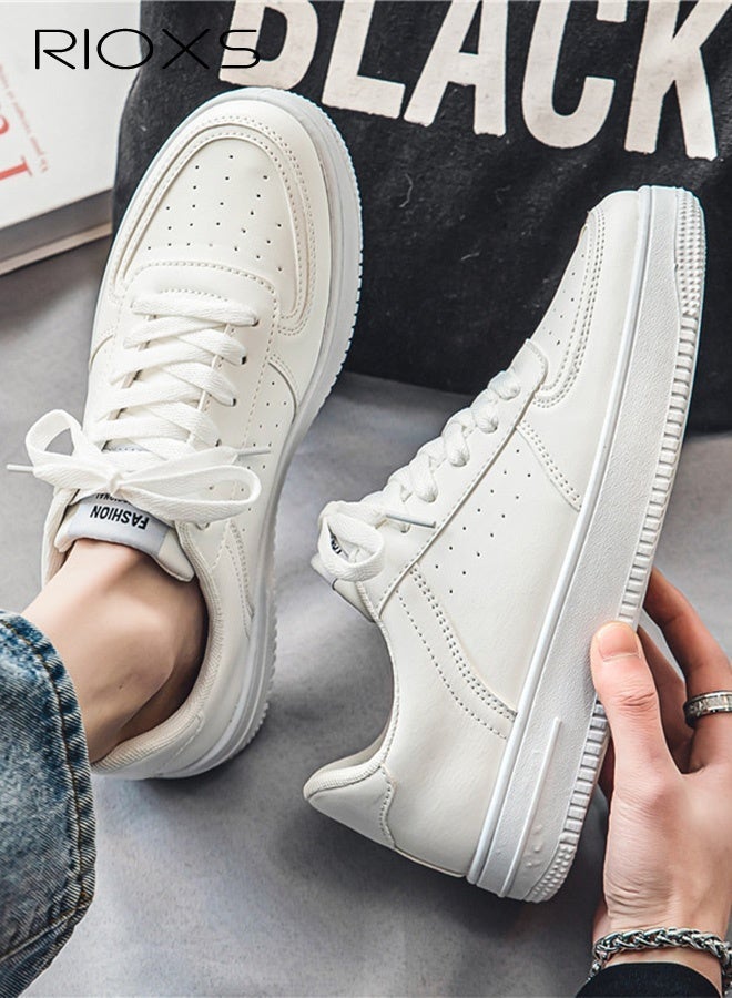 RIOXS Men's Solid Low Ankle Sneakers, White Casual Leather Sneakers with Classic Lace-Up Closure for Men, Comfort Breathable Mens Athlesiure Shoe Tennis Shoes, Anti-slip Lightweight Walking Shoes for Male Work/ Darily Wear, Versatile Sneakers for Trip Gathering Dating Working - Image 1