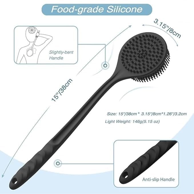 Bindian Silicone Back Scrubber, Long Handle Body Brush, Soft Exfoliating Bath Brush, For Men & Women (Black, 38 CM) - Image 5
