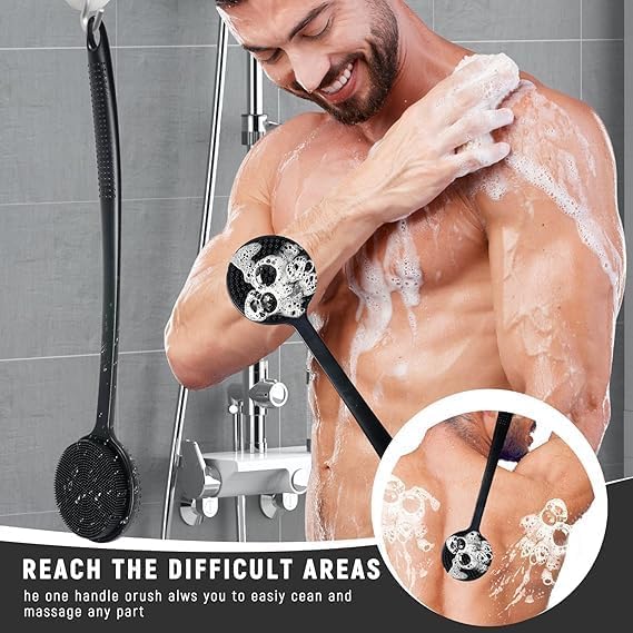 Bindian Silicone Back Scrubber, Long Handle Body Brush, Soft Exfoliating Bath Brush, For Men & Women (Black, 38 CM) - Image 3