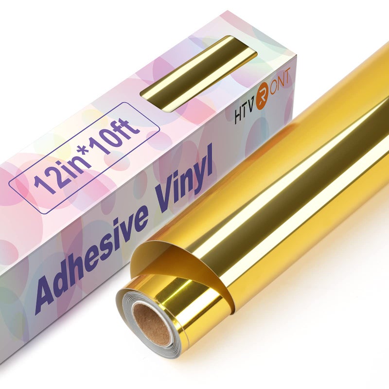 HTVRONT فيلم كروم ذهبي HTVRONT - 12" × 10 قدم من الفينيل المعدني المرآتي الذهبي لآلة كريكوت - سهل القص والنقل لفيلم الفينيل الذهبي الدائم - Image 1