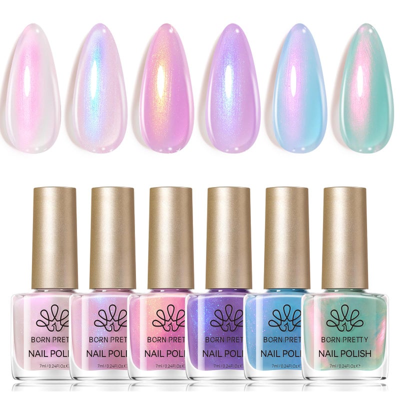 Born Pretty Pearl Nail Polish Set, 6 Colors Ombre Pearl Shimmer White Pink Purple Mermaid Nail Polish Quick Dry Spring Summer Finger Shell Glitter Nail Lacquer Set - Image 1