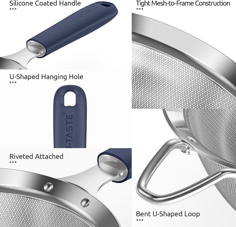 U-Taste 8.5cm Wide Mesh Strainer: 18/8 Stainless Steel 30-Mesh Fine Food Sieve with Upgraded Heavy Duty Riveted Silicone Handle, 5.5cm Deep Metal Kitchen Colander for Baking Sugar, Tea (Midnight Blue) - Image 5