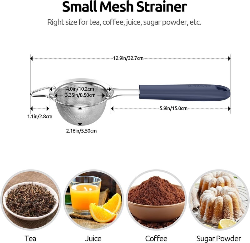 U-Taste 8.5cm Wide Mesh Strainer: 18/8 Stainless Steel 30-Mesh Fine Food Sieve with Upgraded Heavy Duty Riveted Silicone Handle, 5.5cm Deep Metal Kitchen Colander for Baking Sugar, Tea (Midnight Blue) - Image 1