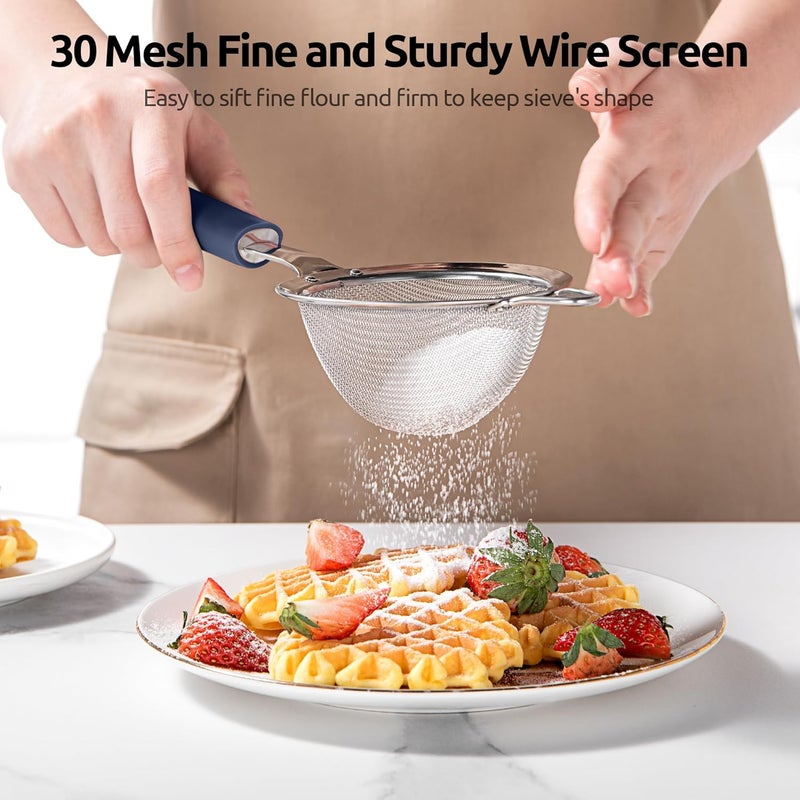 U-Taste 8.5cm Wide Mesh Strainer: 18/8 Stainless Steel 30-Mesh Fine Food Sieve with Upgraded Heavy Duty Riveted Silicone Handle, 5.5cm Deep Metal Kitchen Colander for Baking Sugar, Tea (Midnight Blue) - Image 4