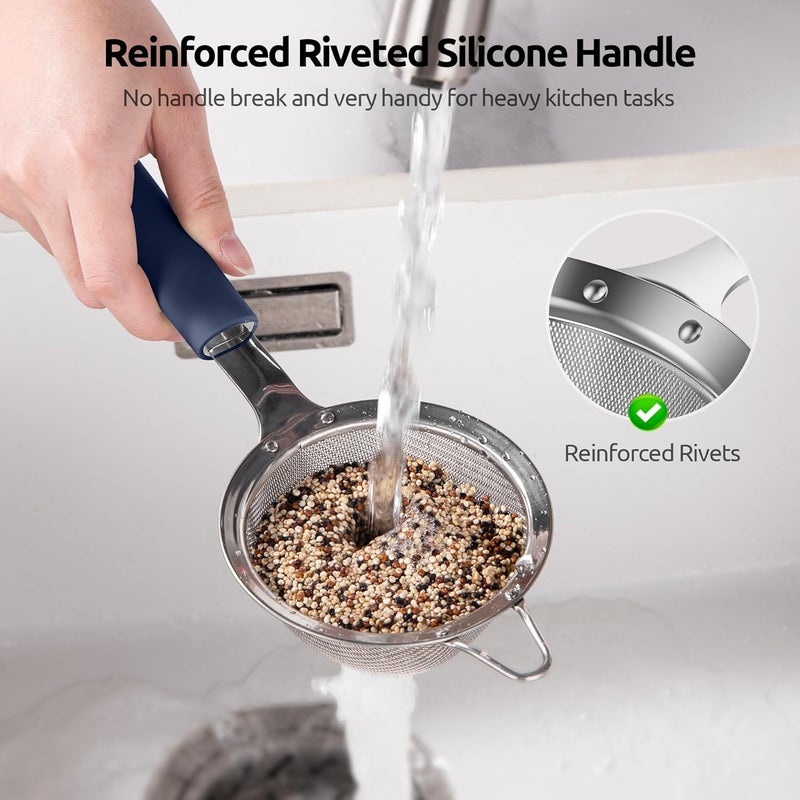 U-Taste 8.5cm Wide Mesh Strainer: 18/8 Stainless Steel 30-Mesh Fine Food Sieve with Upgraded Heavy Duty Riveted Silicone Handle, 5.5cm Deep Metal Kitchen Colander for Baking Sugar, Tea (Midnight Blue) - Image 3