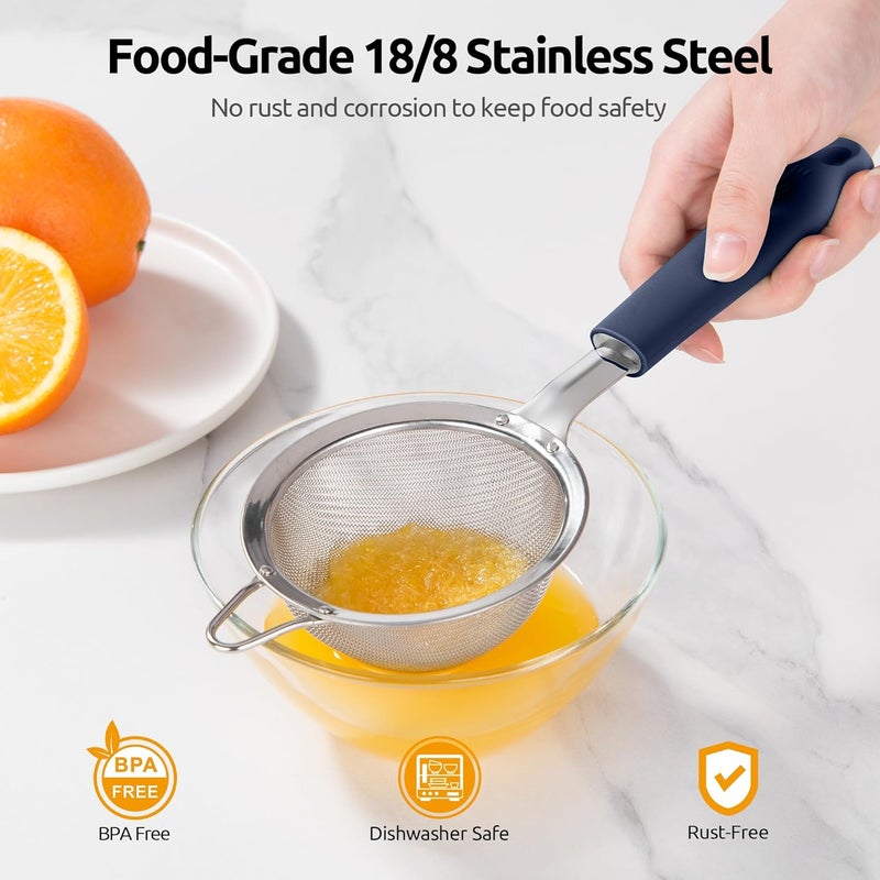 U-Taste 8.5cm Wide Mesh Strainer: 18/8 Stainless Steel 30-Mesh Fine Food Sieve with Upgraded Heavy Duty Riveted Silicone Handle, 5.5cm Deep Metal Kitchen Colander for Baking Sugar, Tea (Midnight Blue) - Image 2