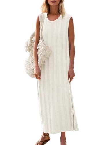 Fisoew Women's Summer Sleeveless Maxi Dress Scoop Neck Ribbed Knit Tank Top Dresses White - Image 1