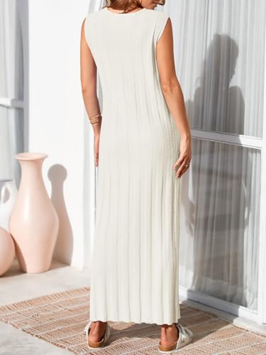 Fisoew Women's Summer Sleeveless Maxi Dress Scoop Neck Ribbed Knit Tank Top Dresses White - Image 2