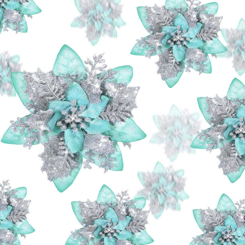 Geosar 24 Christmas Glitter Artificial Poinsettia Flowers Xmas Poinsettia Artificial Wedding Flowers Decorations Xmas Tree Ornaments with Clips for Party Favors  6 Inch  4 Inch  3 Inch (Silver and Green) - Image 1
