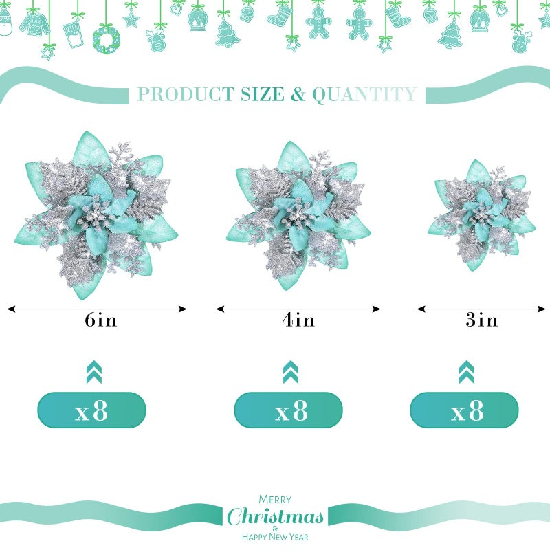 Geosar 24 Christmas Glitter Artificial Poinsettia Flowers Xmas Poinsettia Artificial Wedding Flowers Decorations Xmas Tree Ornaments with Clips for Party Favors  6 Inch  4 Inch  3 Inch (Silver and Green) - Image 3