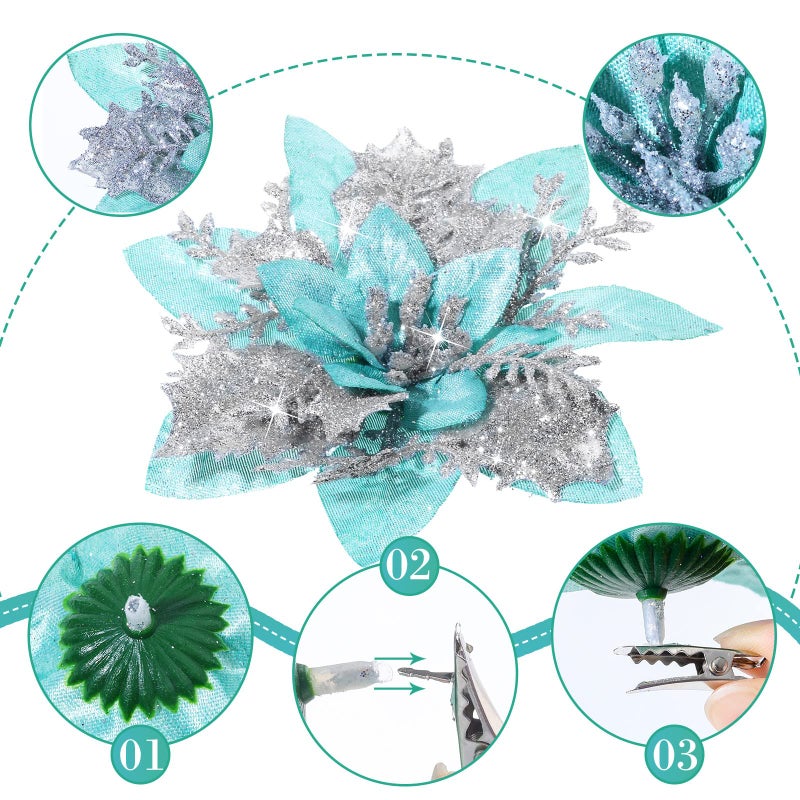 Geosar 24 Christmas Glitter Artificial Poinsettia Flowers Xmas Poinsettia Artificial Wedding Flowers Decorations Xmas Tree Ornaments with Clips for Party Favors  6 Inch  4 Inch  3 Inch (Silver and Green) - Image 2
