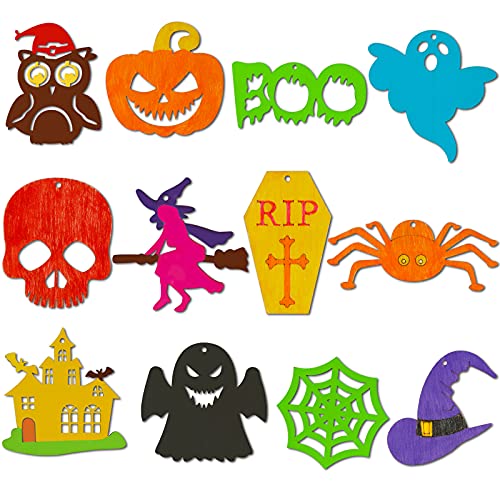 Max Fun 60PCS Halloween Crafts Painting Wooden Slices Cutouts Ornaments DIY Unfinished Pre-drilled Natural Wood for Kids Halloween Hanging Decorations - Image 2