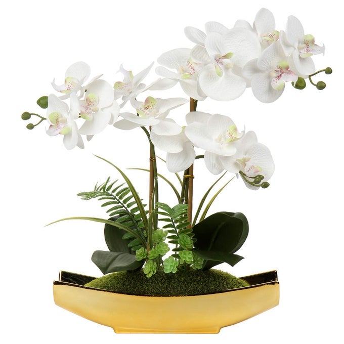 ORCHIDS ARTIFICIAL FLOWERS 15 WHITE PHALAENOPSIS ORCHID WITH GOLD POTS REAL TOUCH FAUX ORCHID FLOWER FOR HOME OFFICE BEDROOM TABLE CENTERPIECE DESK DECOR