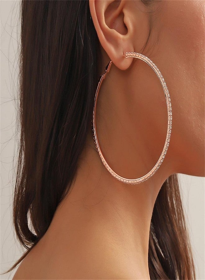 Dtja Large Rhinestone Hoop Earrings for Women Girls Hypoallergenic Extra Big 80mm Huggie CZ Hoops Dangle Drop Earring Fashion Chic Party Jewelry Gifts 3 inch (Rose-Gold-Toned) - Image 2