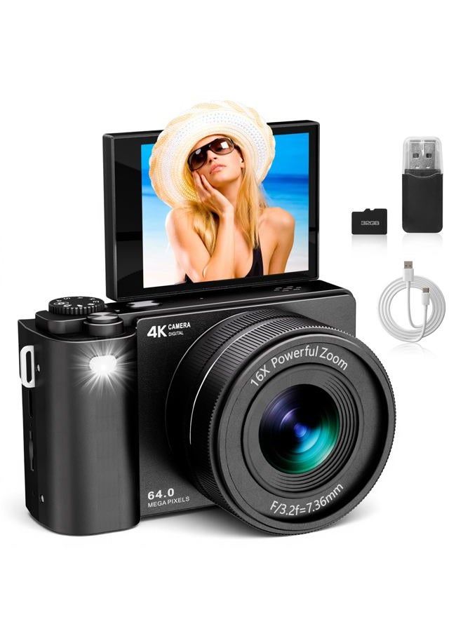 ZOOTEALY 4K Digital Camera for Photography: 64MP Vlogging Camera for YouTube with 2.8" 180° Flip Screen -Autofocus- Anti-Shake - 32G SD Card - 16X Zoom Compact Point and Shoot Camera for Beginners